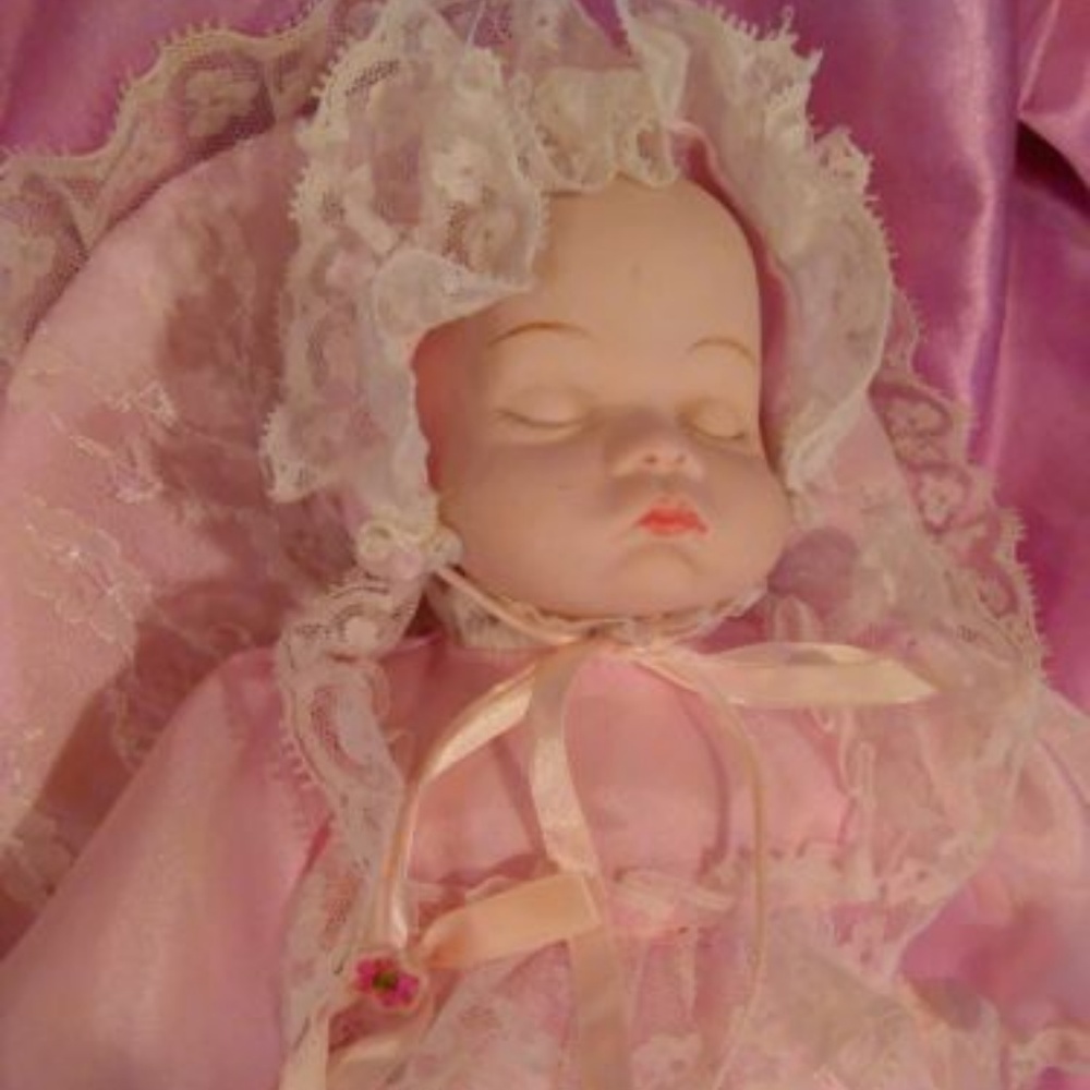 Sleeping Ceramic Baby Doll Dolly In Pink Gown Booties And Mittens Heart Pillow